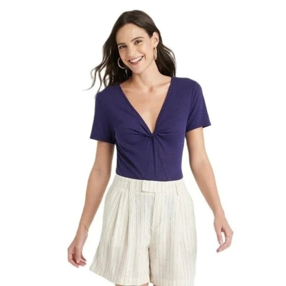 NEW A New Day Twist Neckline V-Neck Linen Blend Shirt Size Small